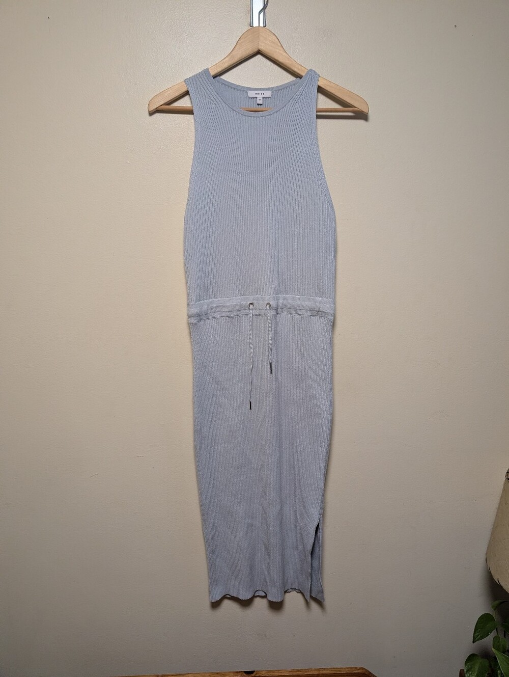 REISS Josephine Ribbed Knit Midi Dress Light Blue Size Medium Drawstring Waist